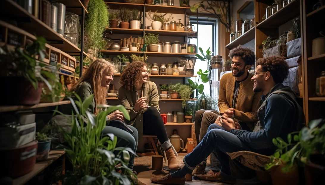 A photograph capturing a group of friends enjoying their coffee in a cozy corner of Zero Green, surrounded by shelves stocked with sustainable products, creating a warm and inviting atmosphere. (Taken with a Sony A7 III)