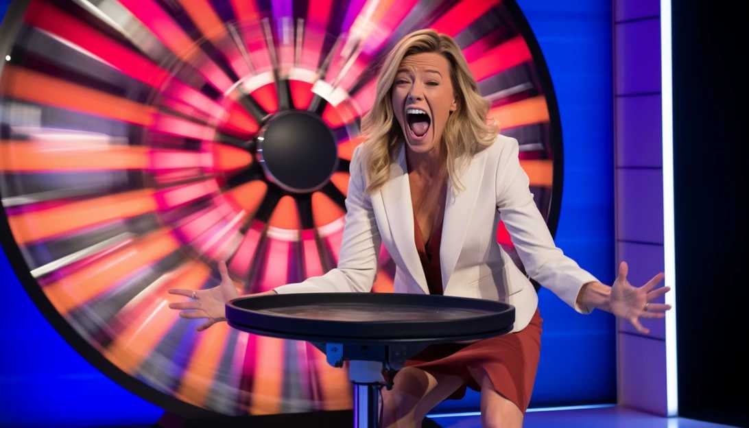 An image capturing the intense moment when Jessica hesitantly guesses 'Dining in the Dining Jar' on the game show 'Wheel of Fortune,' with the audience's shocked expressions in the background. Photo taken with a Canon EOS R5.