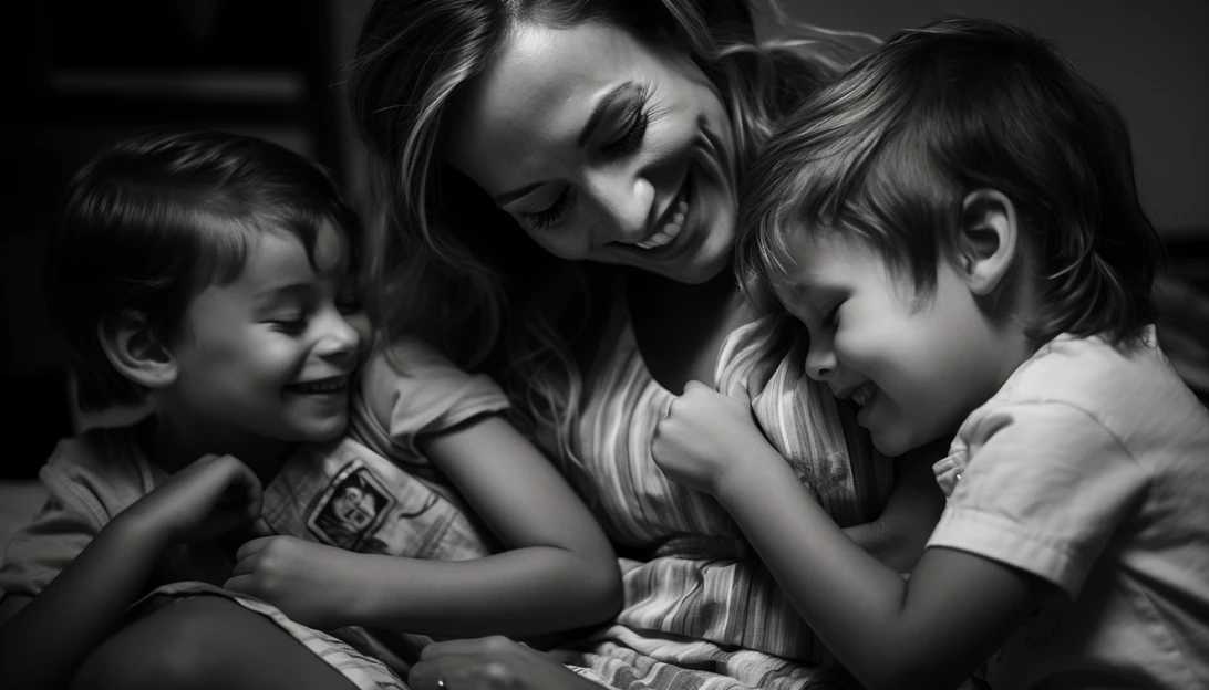 Jana Kramer embracing her children from her previous marriage, Jolie and Jace, as they anticipate the arrival of their new sibling, taken with a Sony Alpha a7 III.