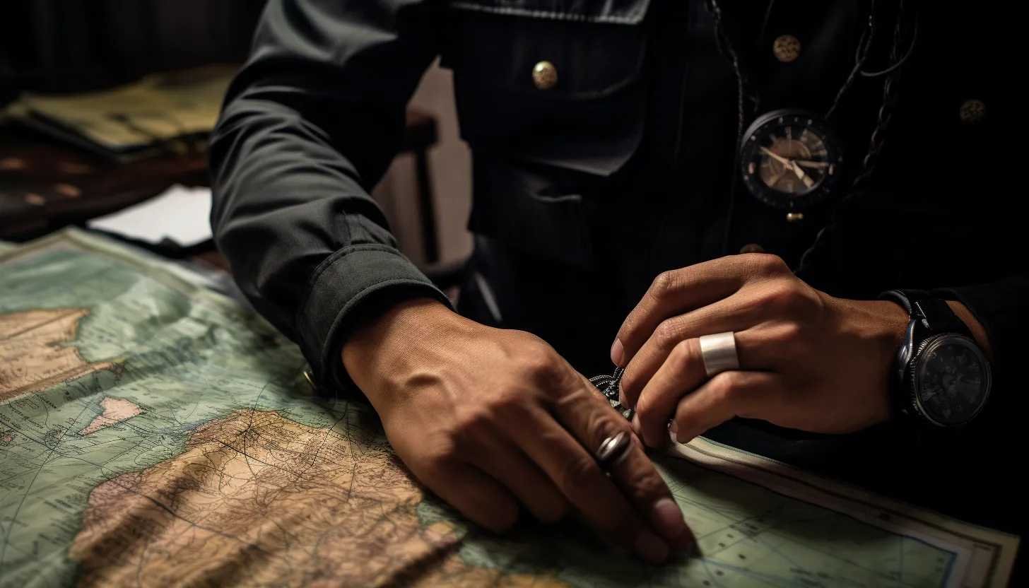 Close-up shot of a Filipino military official in uniform, displaying grit and determination. The figure stands against the backdrop of a nautical chart, signifying future military strategies. Taken with Sony Alpha 7R III.
