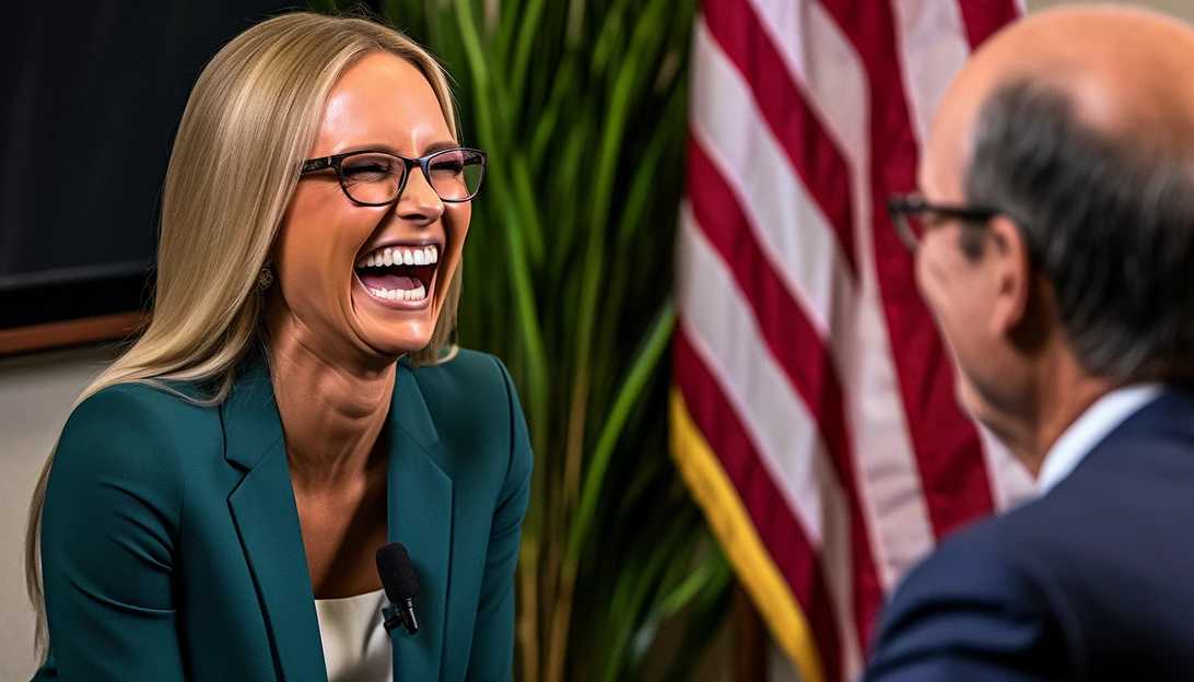 Dana Perino smiling during a television interview with Larry Kudlow, taken with a Canon EOS R5.