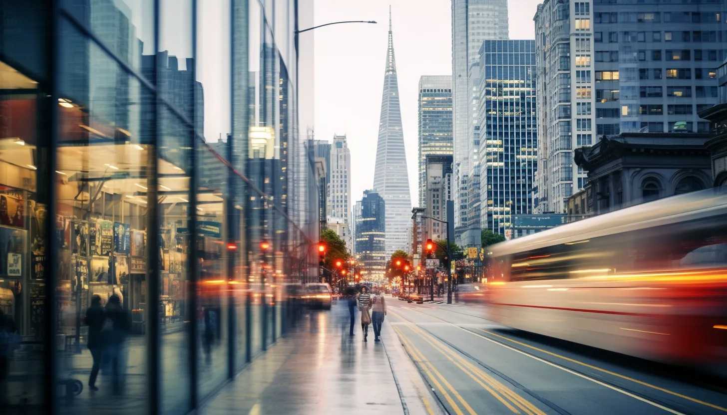 A blurred background image of a busy San Francisco cityscape, focusing on a 'Closed Store' sign prominently hanging in the foreground, symbolizing the departure of businesses from the city, captured with a Sony Alpha a7 III.