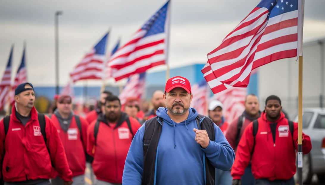An image of striking UAW members marching in front of the Stellantis Mopar factory, taken with a Canon EOS 5D Mark IV.