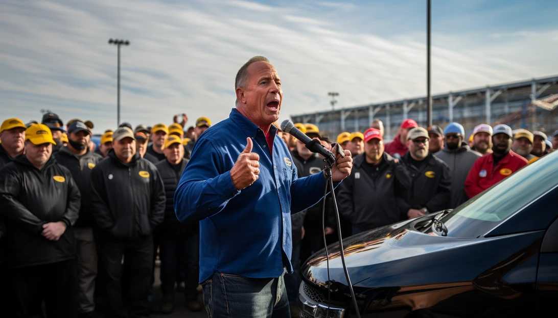 A photograph of President Joe Biden addressing striking UAW members at a picket line outside a General Motors plant, shot using a Sony Alpha A7 III.