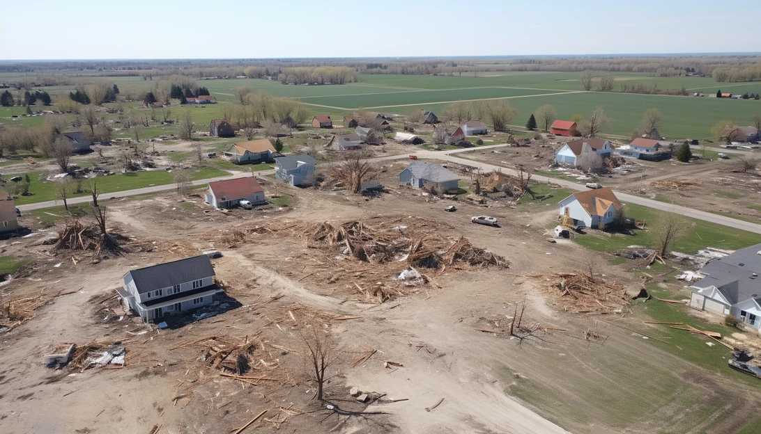 An aerial shot of the Mayfield community showing the extent of the tornado damage, taken with a DJI Phantom 4 Pro drone.