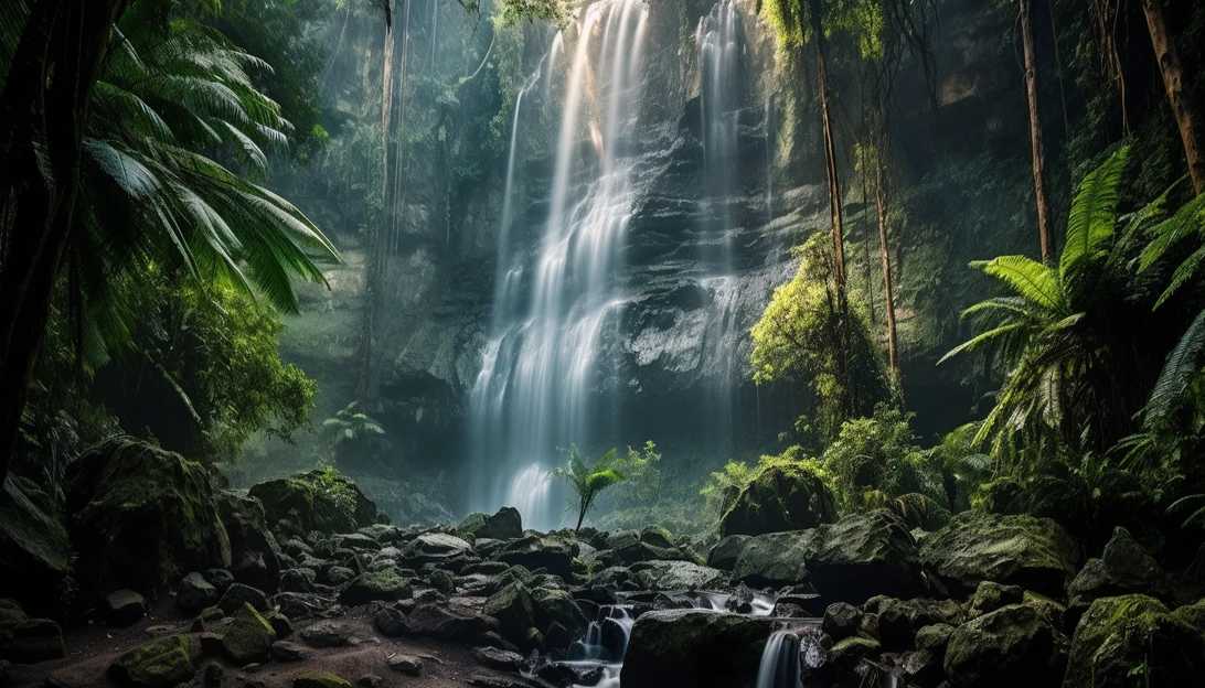 An enchanting shot of the mystical Giant Falls, surrounded by lush foliage, beautifully photographed with a Sony A7R III camera.