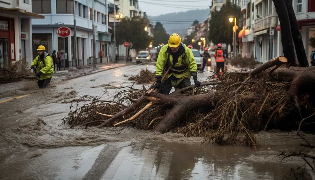 Rescue crew clearing debris from roads in storm-hit city of Volos, photographed with a Nikon D850