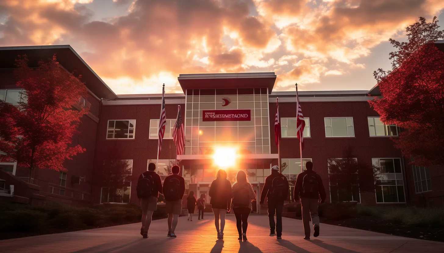 A group of college students walking out of a university building, banners in hand, expressing their protest. The campus building marking their route, dressed in a crimson glow of the setting sun, magnifies their unity. Taken with Nikon D850