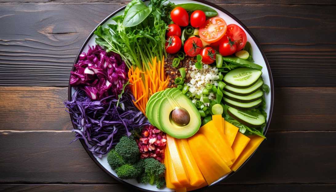 A colorful plate of nutritious food, highlighting the role of diet in promoting gut health.