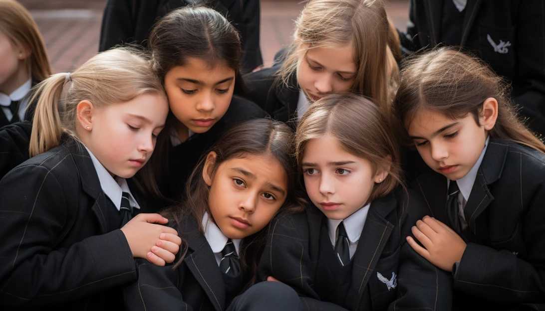 A group of schoolchildren embracing each other for support, reflecting the resilience of a community in the face of tragedy. (Taken with Sony Alpha a7 III)