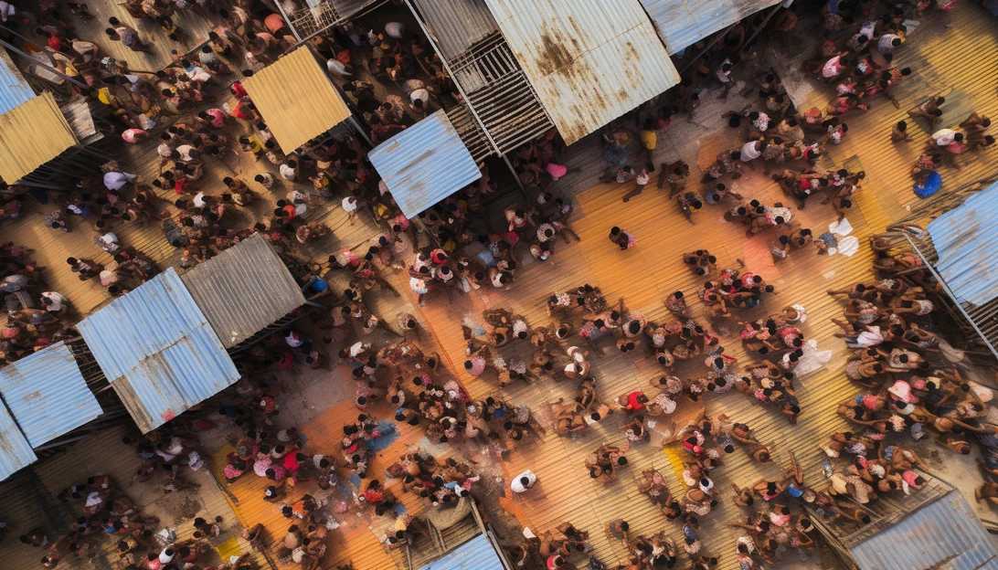 Aerial view of a crowded migrant holding facility, captured with a Sony Alpha A7 III.