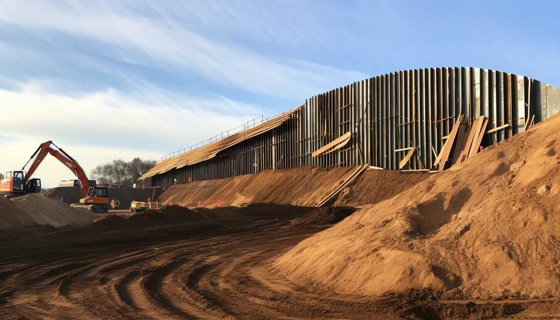 A photo of a border wall under construction, symbolizing the ongoing debate on border security, taken with a Fujifilm GFX 100S.
