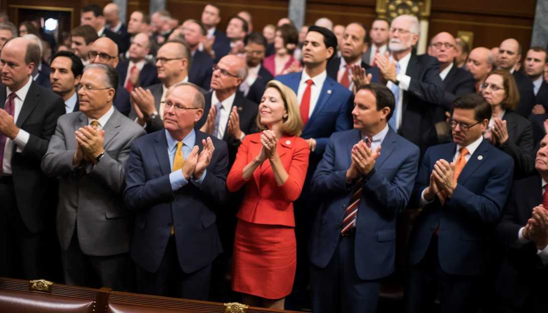 A group photo of lawmakers applauding after the House passed the short-term spending bill, taken with a Canon EOS 5D Mark IV.