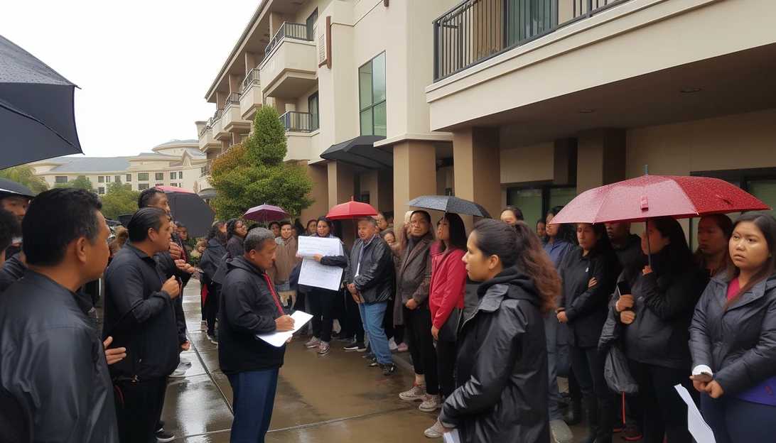 An image of California hotel workers gathered outside a hotel, demanding better working conditions