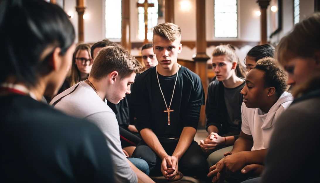 A diverse group of young Catholics engaging in a discussion about their faith in a secular world (taken with Sony Alpha a7 III).