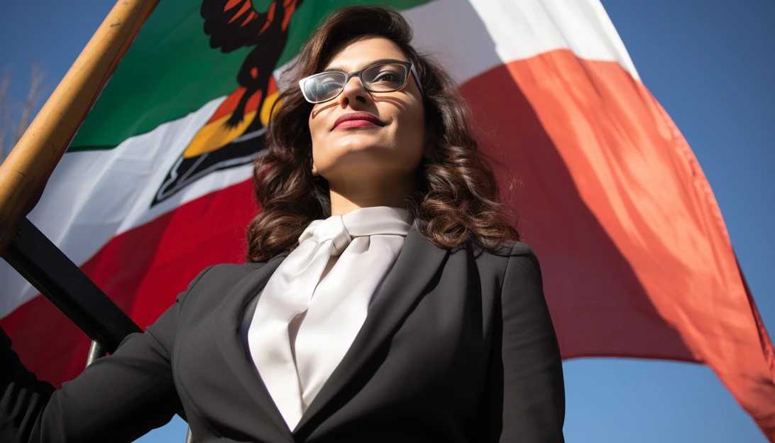 An image of Rep. Rashida Tlaib proudly displaying the Palestinian flag outside her office, captured by a Nikon D750.