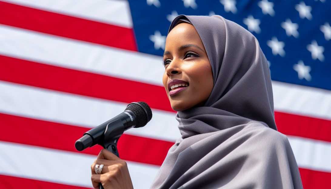 Representative Ilhan Omar addressing a gathering of supporters during a political campaign event.