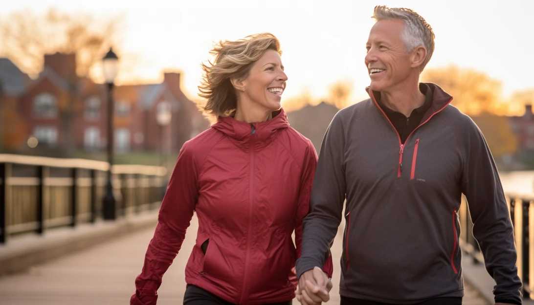 A middle-aged couple taking a brisk walk together, focusing on cardiovascular health, taken with a Canon EOS 5D Mark IV.