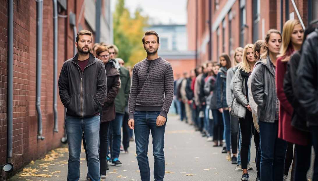 A photo of American voters standing in line at a polling station, captured with a Nikon D850.
