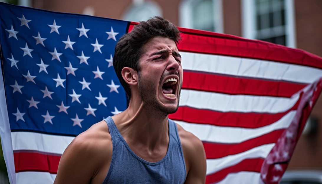 An image of a frustrated Democrat supporter expressing dissatisfaction with the country's direction, taken with a Canon EOS R5.