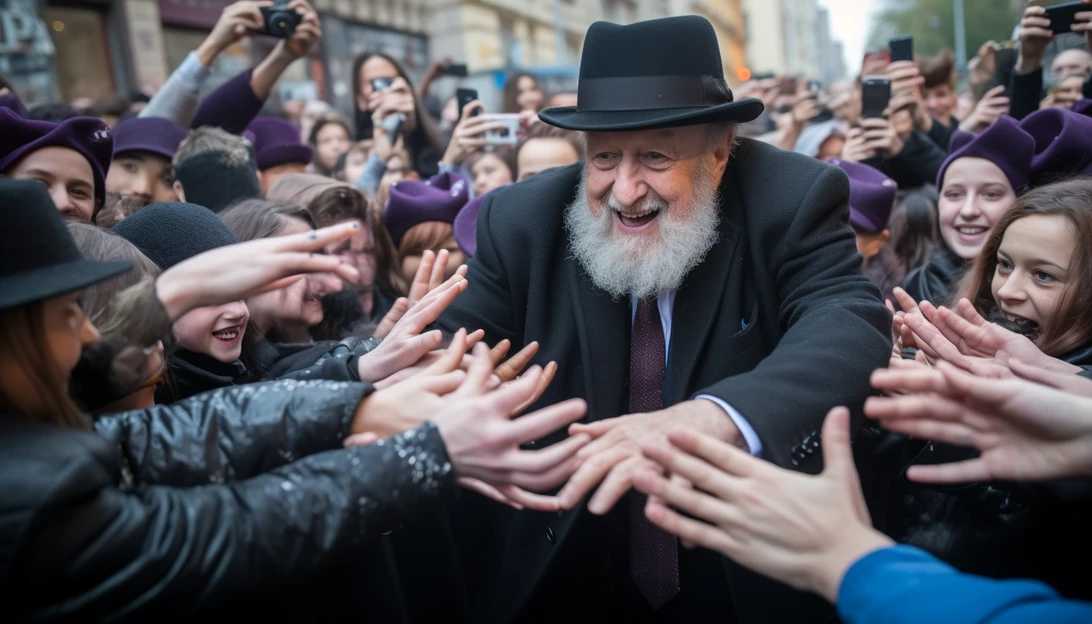 A compelling image of Rabbi Raz Blizovsky reaching out to shake hands with supporters who are praising his efforts to raise awareness about the need for personal protection.
