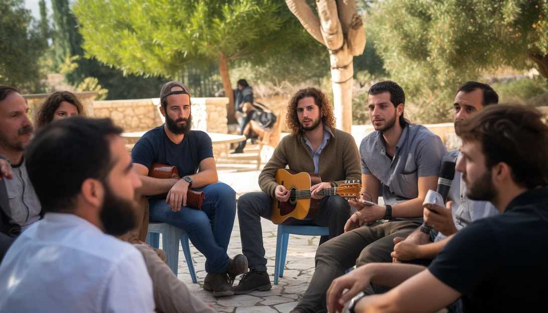 A group of activists engaging in a peaceful debate, discussing the pros and cons of loosening firearm restrictions to ensure the safety of Israeli citizens.