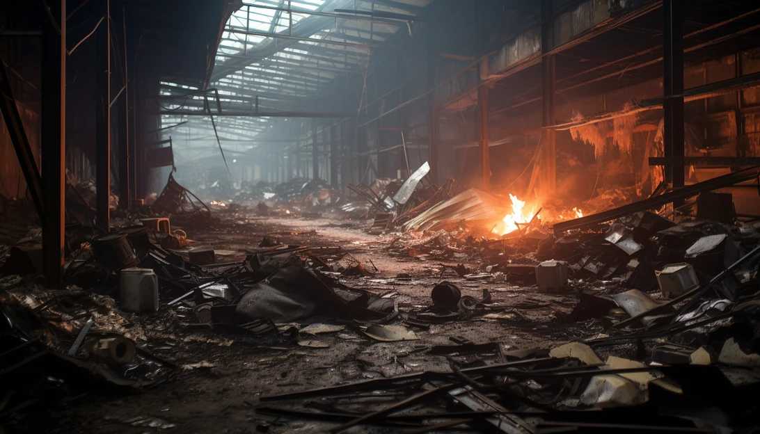 The aftermath of a precision airstrike on a Hamas weapons storage warehouse in the Gaza Strip. Debris lies scattered on the ground as smoke billows upwards. Photo taken with a Sony Alpha a7R III camera.