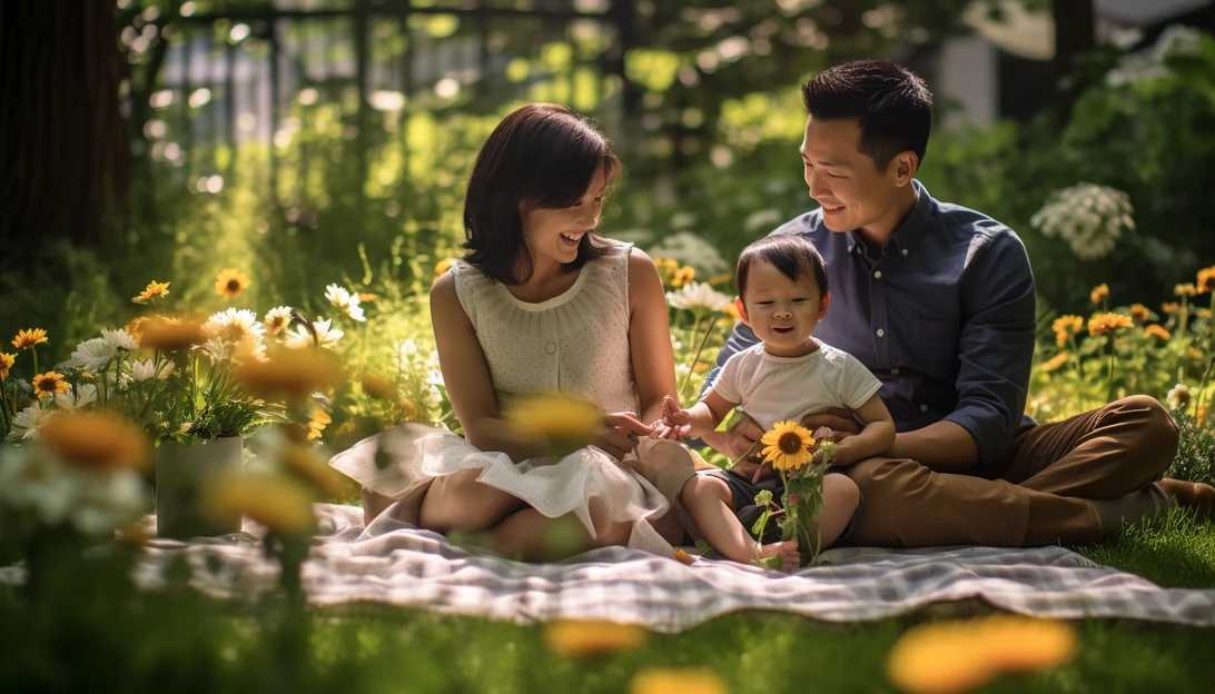 A family of three enjoying a picnic in their backyard, captured with a Nikon D850.