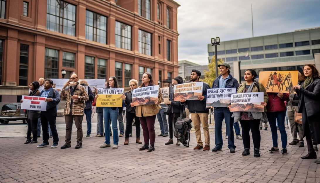 A group of passionate environmental activists gather outside City Hall in Newark, New Jersey, holding signs to protest the proposed natural gas plant. Taken with a Sony A7III camera.