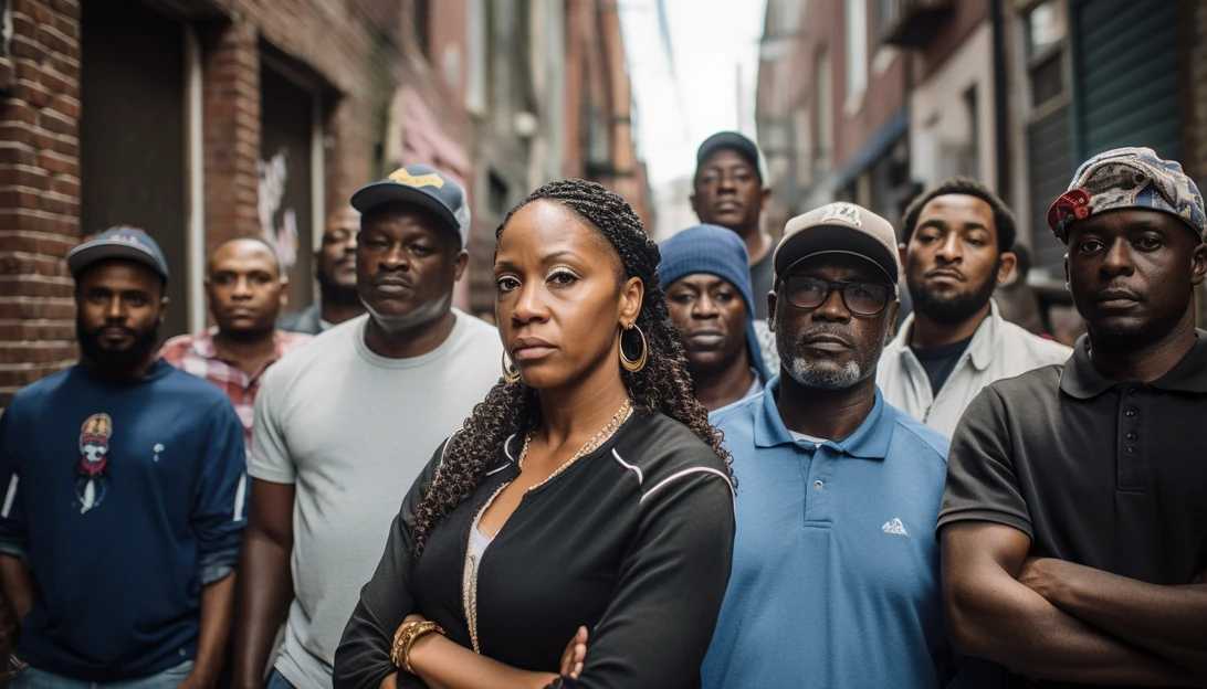 A picture of a diverse group of property owners from the majority-Black neighborhood, standing united in their fight for their rights, taken with a Nikon D850 camera.