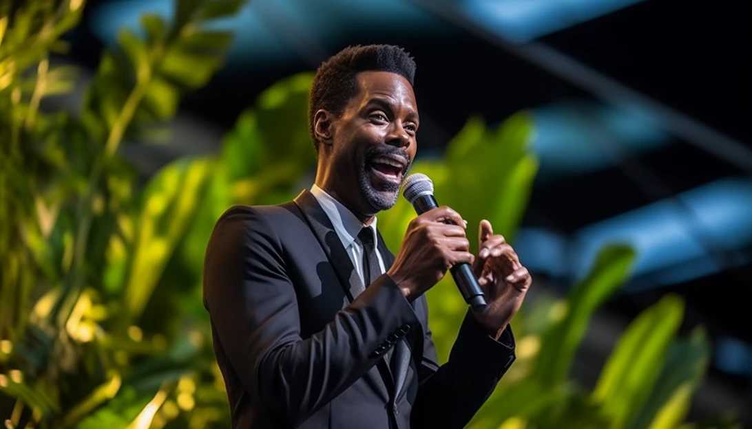 Chris Rock holding a microphone on stage during a stand-up comedy performance taken with a Nikon D850