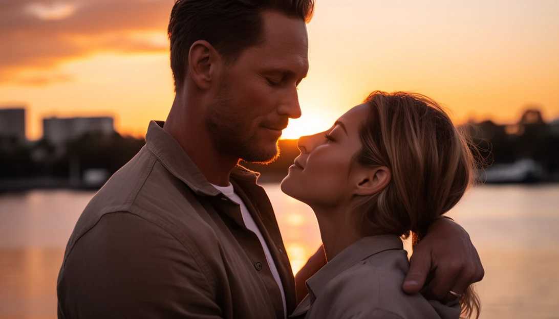 Cole Hauser and his wife embracing during a romantic sunset stroll taken with a Sony Alpha a7 III