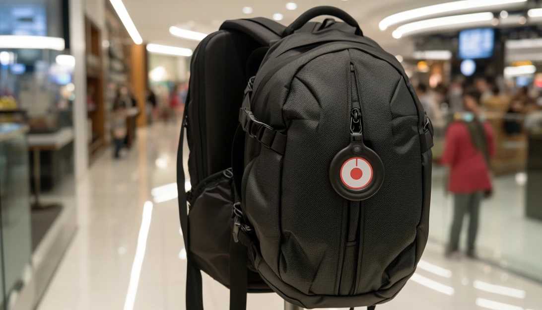 An AirTag attached to a backpack inside an Apple Store (taken with Nikon D850)