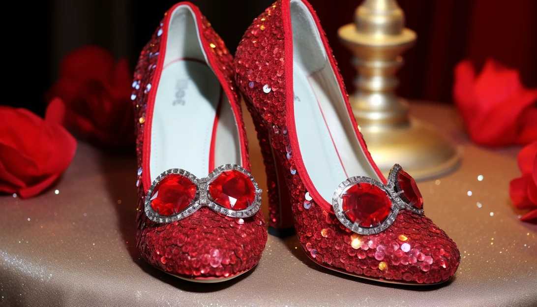 A close-up shot of the stolen ruby slippers recovered by the FBI, captured with a Canon EOS R camera.