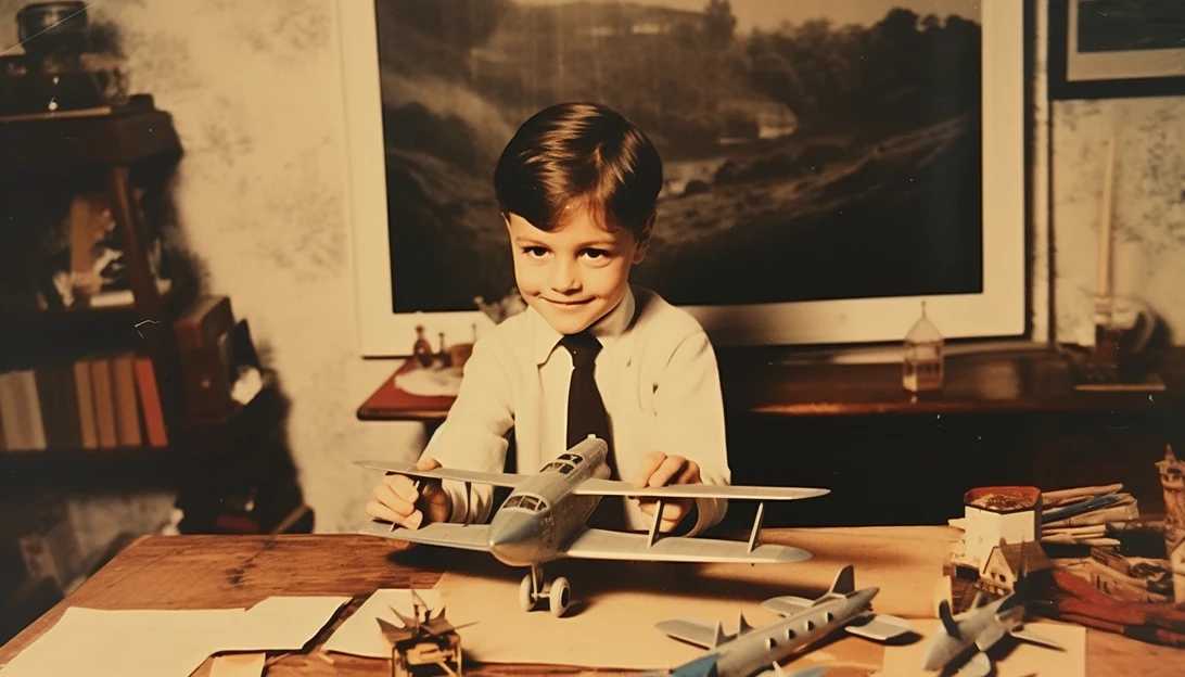 A vintage photo of a young Wally King as a child, playing with model airplanes, taken with a Polaroid SX-70 camera.