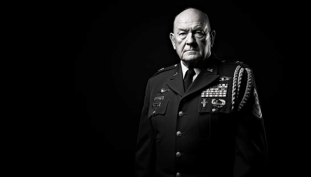 A black and white photo of Wally King in his military uniform, standing tall as a second lieutenant, taken with a Canon EOS 5D Mark IV camera.