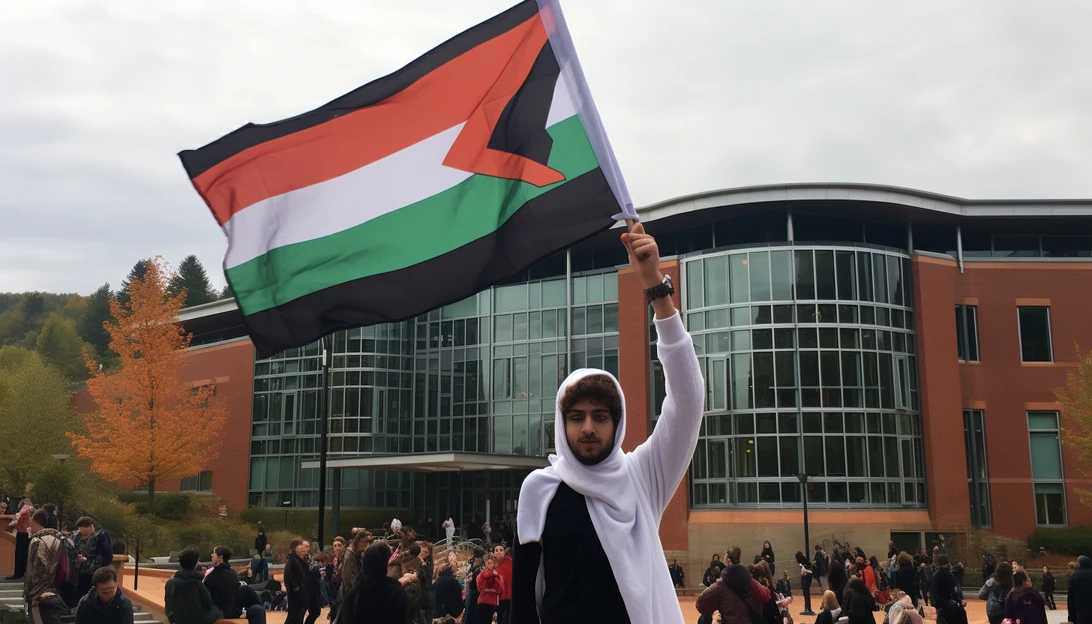 A student holding a Palestinian flag during the protest in front of the university's library.