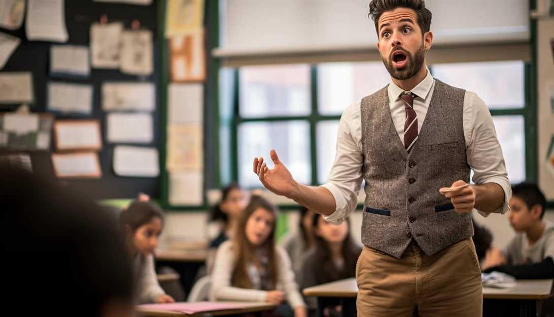Photo of a New York City public school teacher at the front of a classroom, passionately explaining a lesson to engaged students. (Taken with Nikon D850)