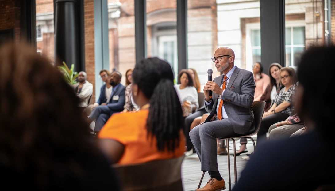 Photo of Chancellor David Banks addressing a gathering of educators and officials, discussing the importance of creating a safe and inclusive learning environment. (Taken with Sony Alpha A7R III)