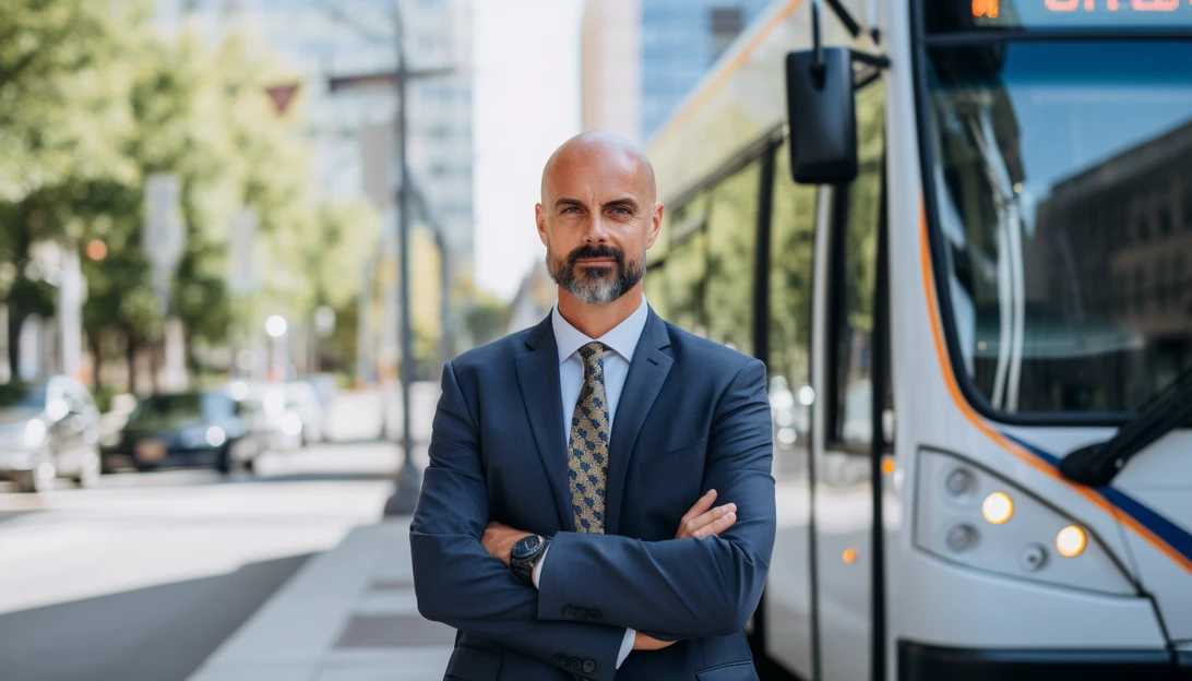 A photo of Gareth Joyce, the CEO of Proterra, standing in front of one of their electric buses. [Taken with Canon EOS Rebel T7i]