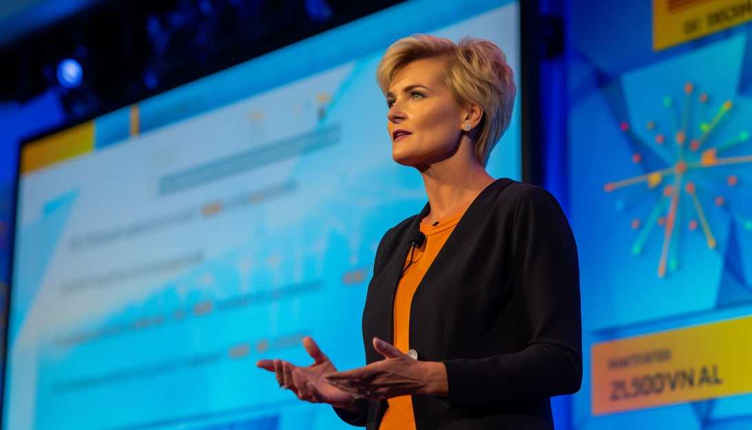 A photo of Energy Secretary Jennifer Granholm addressing a crowd during a green energy conference, with Proterra branding in the background. [Taken with Sony Alpha a7 III]