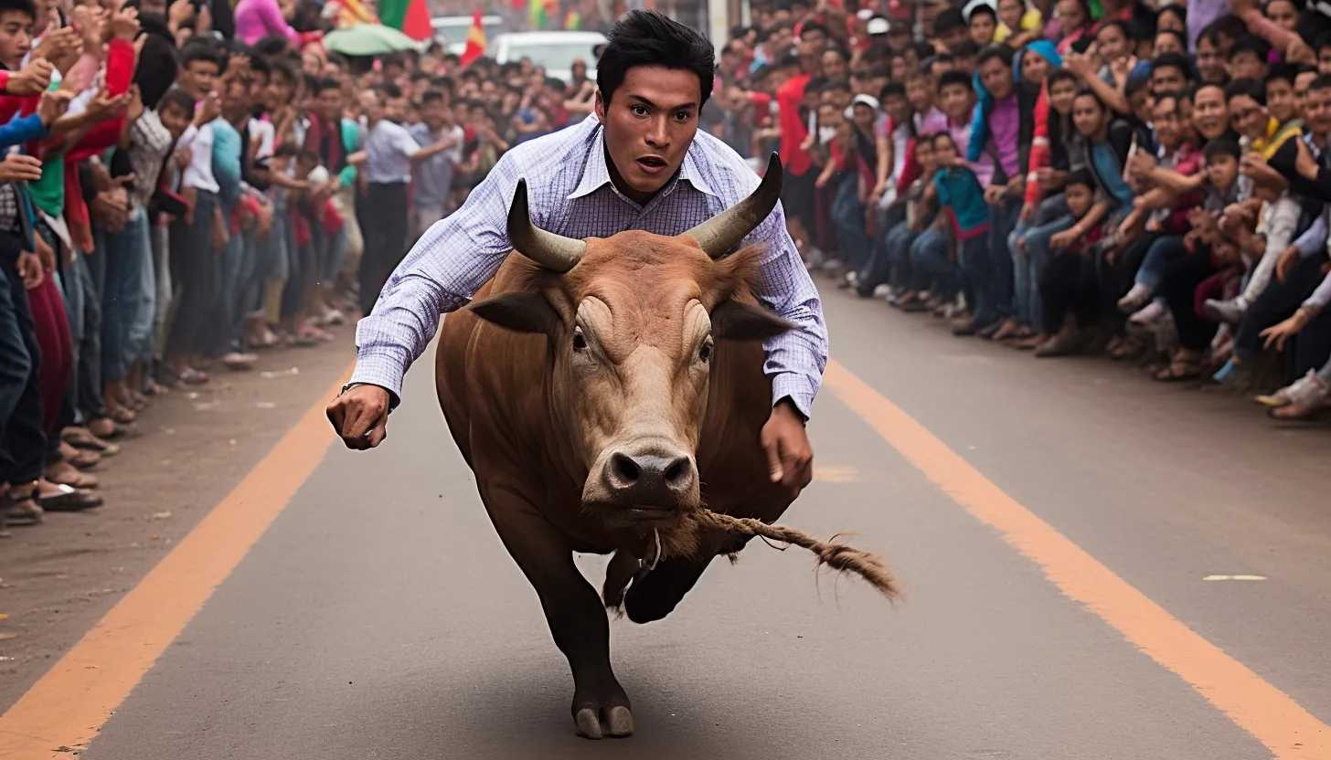 A terrifying spectacle captured mid-action: a bull charging down the streets of Huamantla, spectators fleeing in all directions to avoid the furious beast. (Taken with Canon EOS-1D X Mark III)
