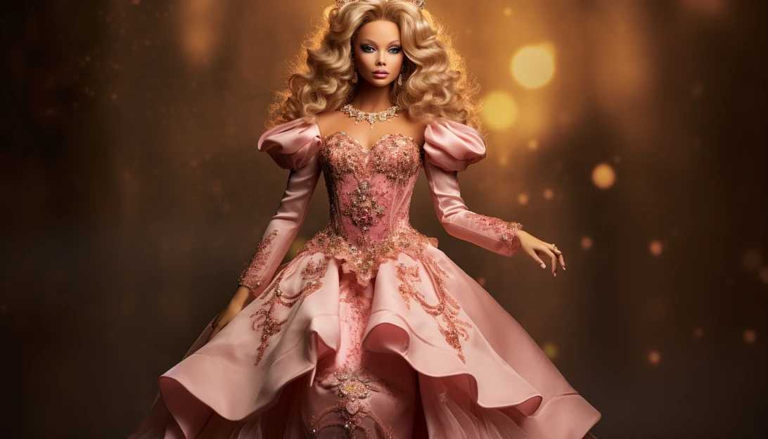 A stunning photo of a Barbie doll dressed in a glamorous costume, taken with a Nikon D850.