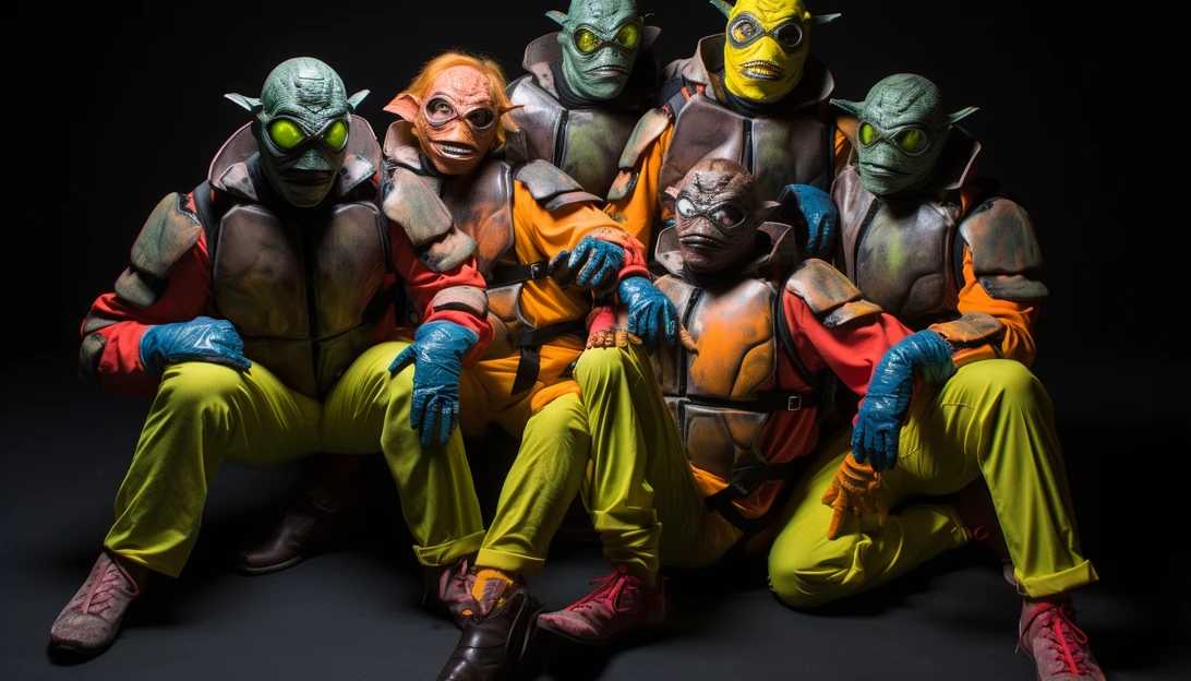 Capture the excitement of a group of friends dressed as the Teenage Mutant Ninja Turtles, striking action poses for their Halloween costumes. This photo was taken with a Canon EOS 5D Mark IV.