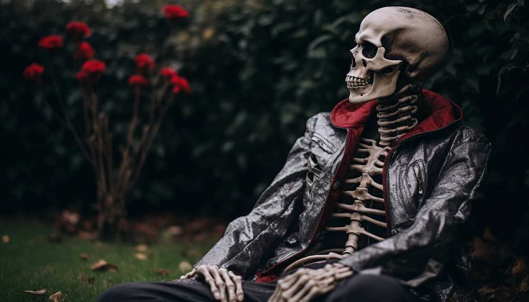 Get spooked with a chilling photo of a person donning a terrifying skeleton costume, shot with a Sony Alpha a7 III.