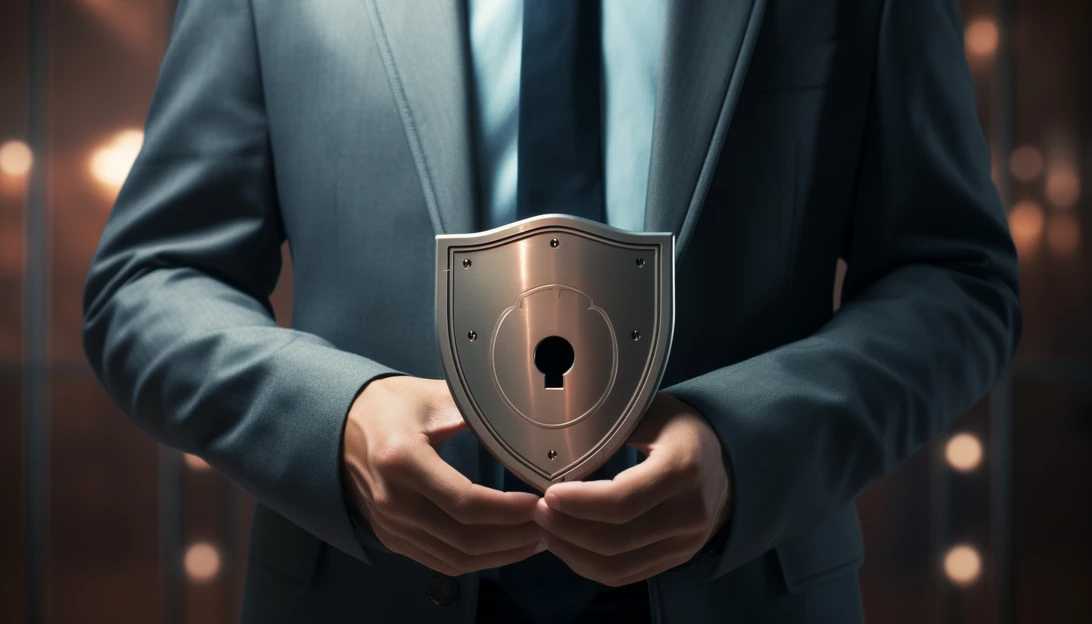 A photograph of a person holding a shield with a lock icon, representing online security and digital safety.