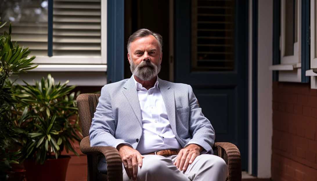 Renowned 'Jurassic Park' star Sam Neill tearfully apologizes for worrying fans, clarifies remarks about his cancer battle. Photo prompt: Sam Neill sitting outside on his porch, taken with Nikon D850.