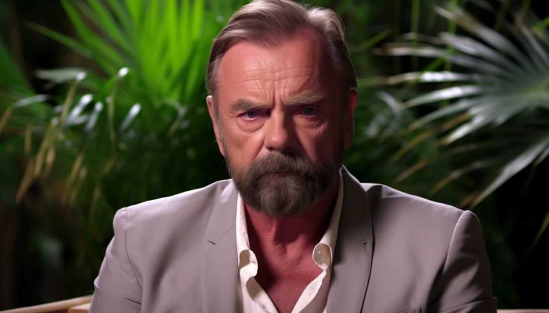Sam Neill shares emotional video on Instagram to clarify comments about his cancer treatment. Photo prompt: Close-up of Sam Neill's tearful face, taken with Canon EOS R.