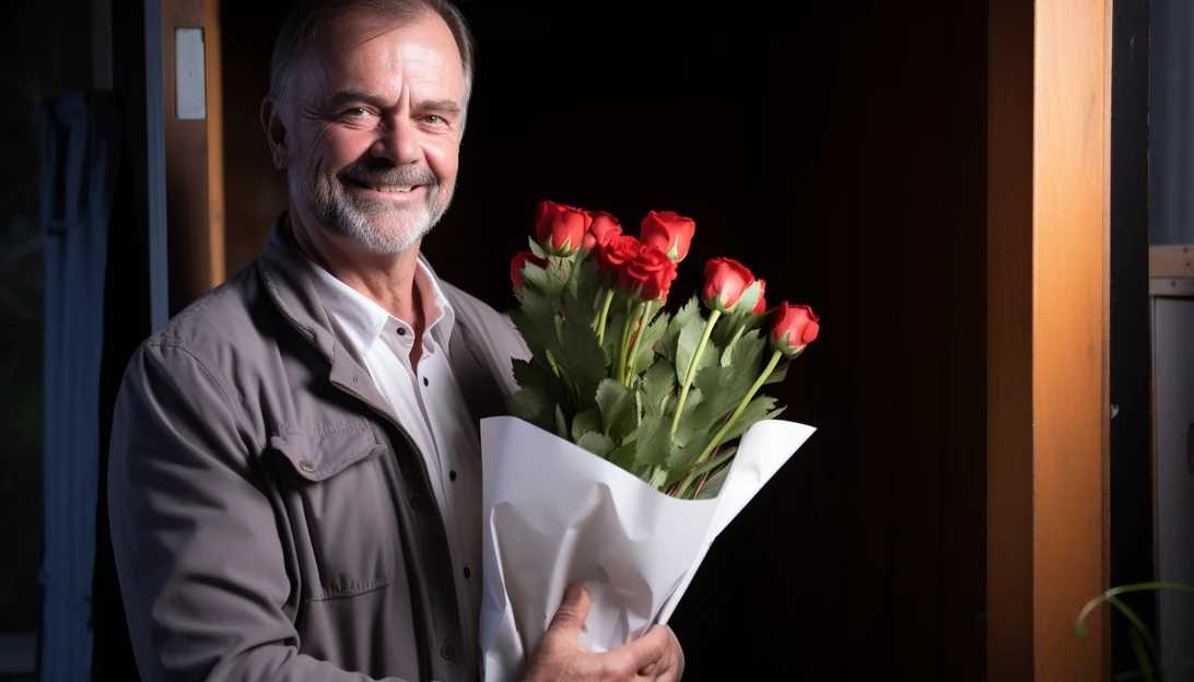 'Jurassic Park' star Sam Neill plans to be in remission for many years to come. Photo prompt: Sam Neill smiling while holding a bouquet of geraniums, taken with Sony A7 III.