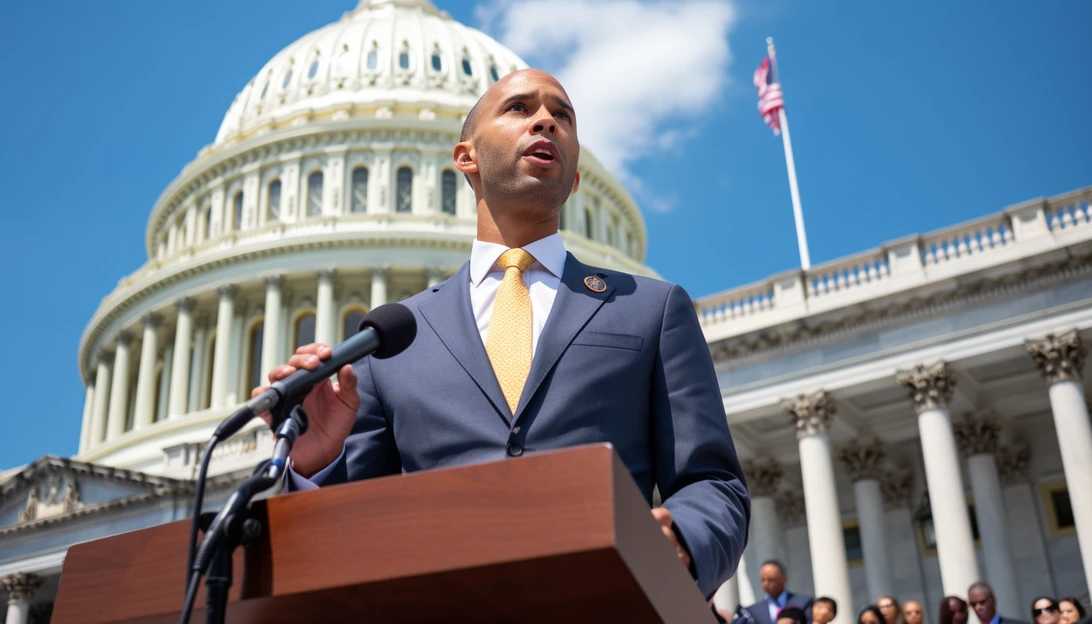 An intense photo of House Minority Leader Hakeem Jeffries confidently addressing a crowd, taken with a Nikon D850.